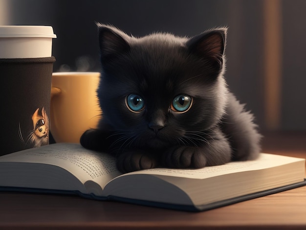 Lindo bebé gatito y taza de café