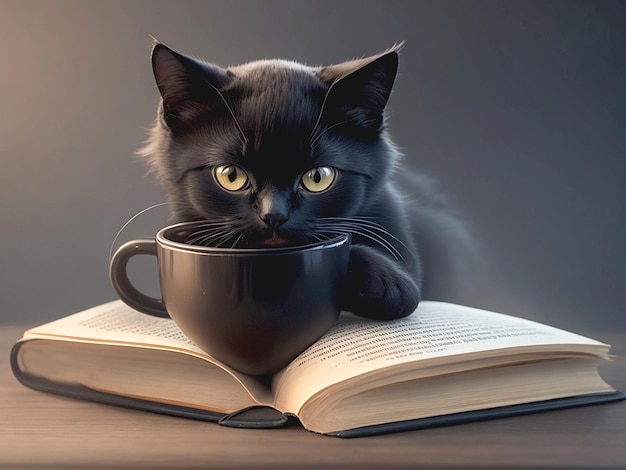 Lindo bebé gatito y taza de café