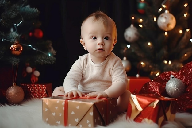 Lindo bebé con un gorro rojo de Papá Noel con caja de regalo en el fondo del árbol de Navidad Retrato navideño de un niño pequeño feliz de cerca generado por IA