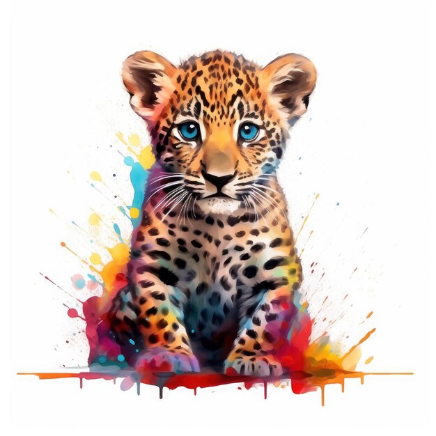 Un lindo bebé jaguar sobre un fondo blanco Ilustración acuarela