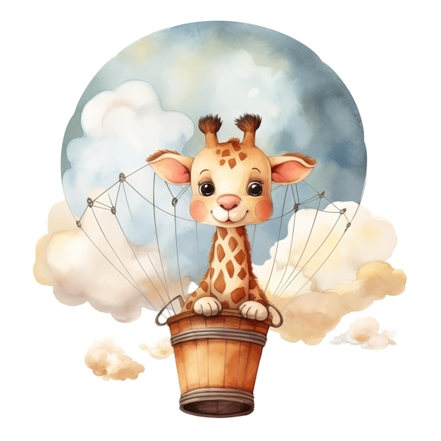 Lindo bebé jirafa en globo de aire caliente acuarela clip para la decoración de la guardería de cumpleaños del bebé