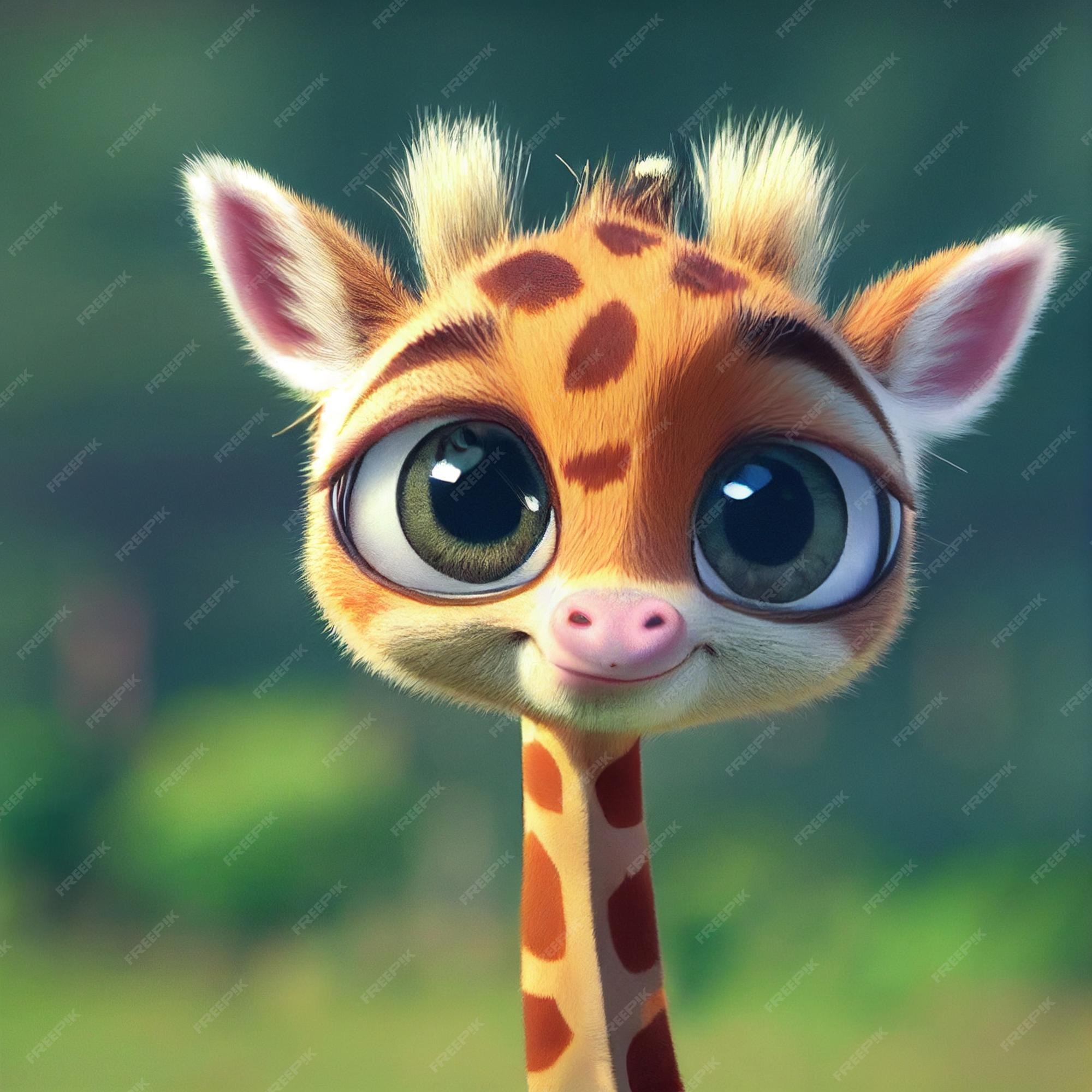 Lindo bebé jirafa con ojos grandes encantador pequeño animal 3d renderizado  personaje de dibujos animados | Foto Premium