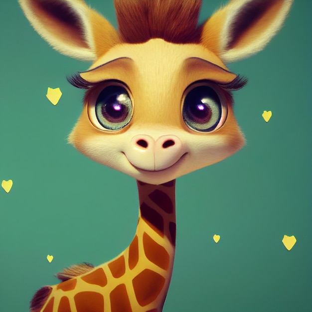 Lindo bebé jirafa con ojos grandes encantador pequeño animal 3D renderizado personaje de dibujos animados