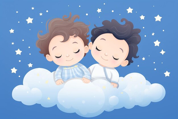 Lindo bebé y una niña durmiendo en una nube Ilustración Concepto de baby shower recién nacido