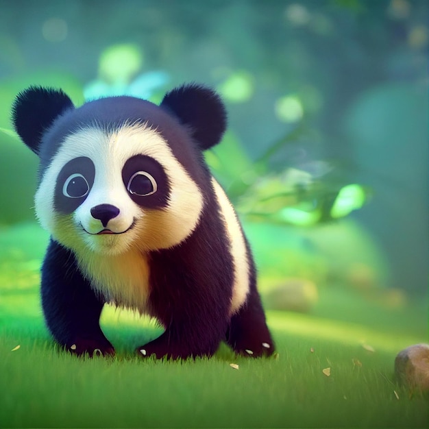 Lindo bebé oso panda con grandes ojos 3D renderizado ilustración de dibujos animados