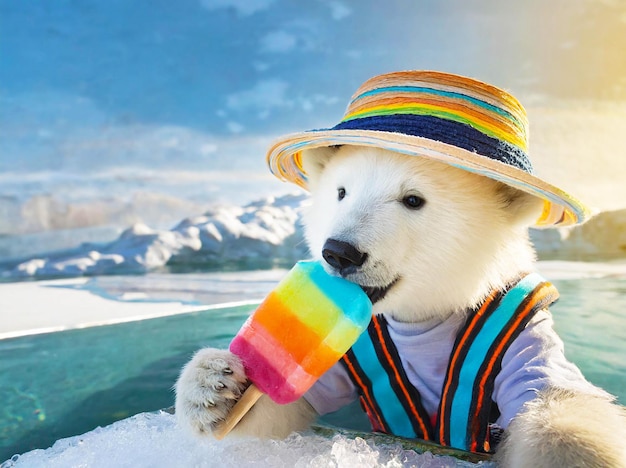 El lindo bebé oso polar disfruta de un bar de hielo en el lago glaciar