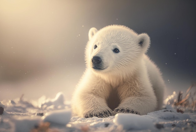 Lindo bebé oso polar en la nieve invierno AI generativa