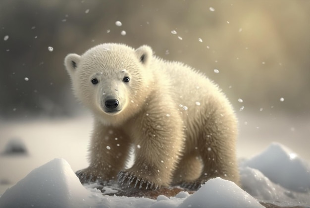 Lindo bebé oso polar en la nieve invierno AI generativa