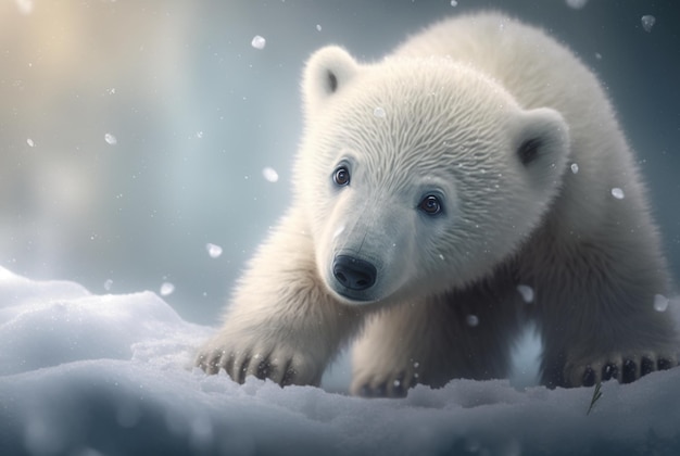 Lindo bebé oso polar en la nieve invierno AI generativa