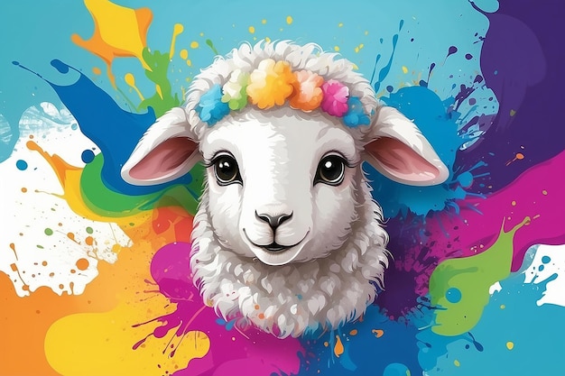 Lindo bebé oveja cara en salpicaduras coloridas para la Comunidad Musulmana Festival del Sacrificio EidAlAdha Mubarak