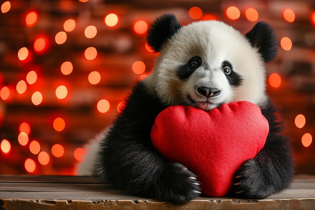 Foto el lindo bebé panda presenta un regalo en forma de corazón en un fondo mágico borroso concepto de día de san valentín