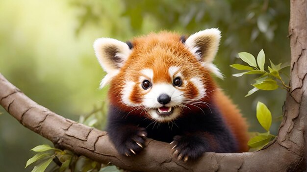 Foto lindo bebé panda rojo muy feliz y juguetón en el árbol