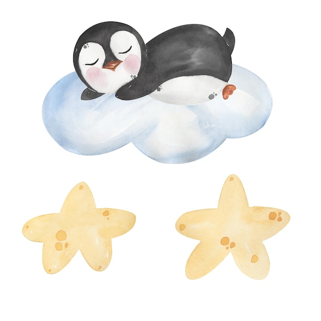 Lindo bebé pingüino Clipart, acuarela poco durmiendo en la nube Ártico blanco Animal ilustración, fiesta de cumpleaños de los niños de invierno, tarjeta de Navidad, baby shower, textil