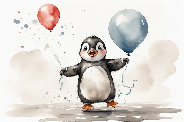 Un lindo bebé pingüino con globos de acuarela de dibujos animados de fondo blanco