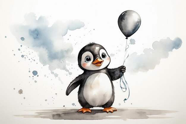 Un lindo bebé pingüino con globos de acuarela de dibujos animados de fondo blanco