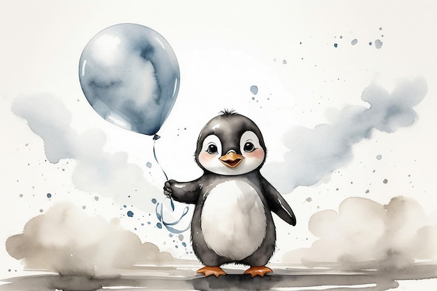 Un lindo bebé pingüino con globos de acuarela de dibujos animados de fondo blanco