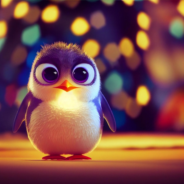 Lindo bebé pingüino con grandes ojos y luces de navidad 3D renderizado estilo de dibujos animados