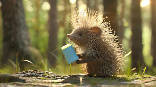 Foto lindo bebé puercoespín en el bosque sosteniendo una taza de plástico azul el puerco espín está sentado en un tronco y mirando a la cámara