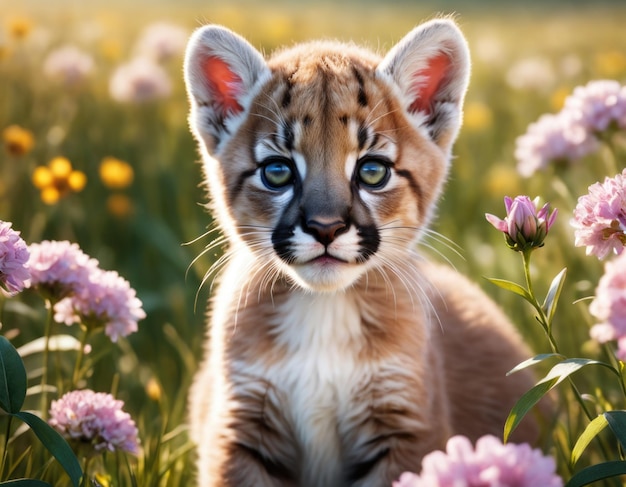 El lindo bebé puma en el campo de flores en un día soleado