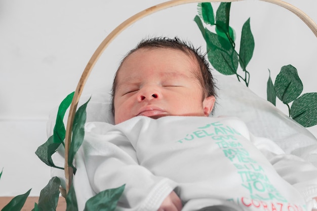 Lindo bebê recém-nascido de 4 dias dormindo em cesta de fibra de bambu e cercado por folhas verdes