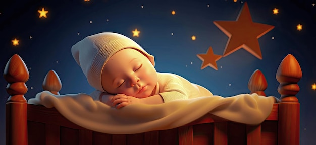 Foto lindo bebé recién nacido con un sombrero durmiendo en una cuna bajo las estrellas ilustración generada por ia