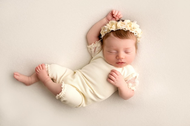 Un lindo bebé recién nacido con un traje blanco y una diadema con flores en la cabeza duerme dulcemente Fotografía macro profesional sobre un fondo blanco