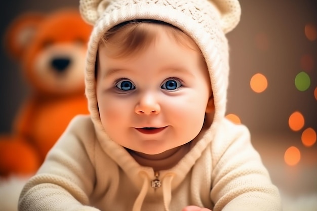 Lindo bebê sorridente na luz de fundo desfocado