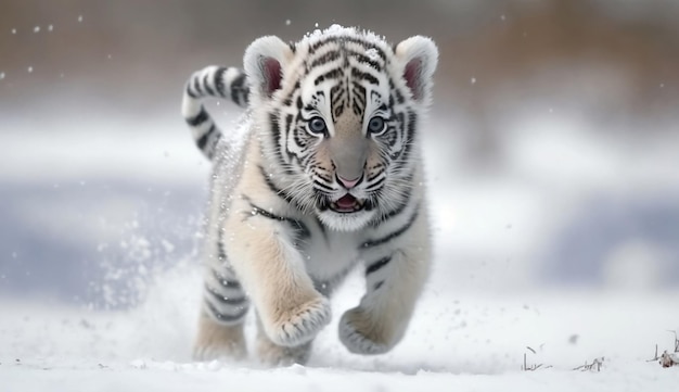 El lindo bebé tigre blanco corriendo en la nieve