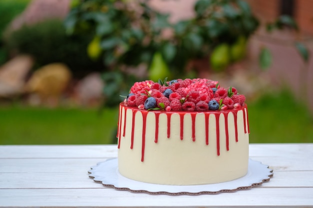 Lindo bolo com framboesas frescas, mirtilos e romãs em um jardim de verão