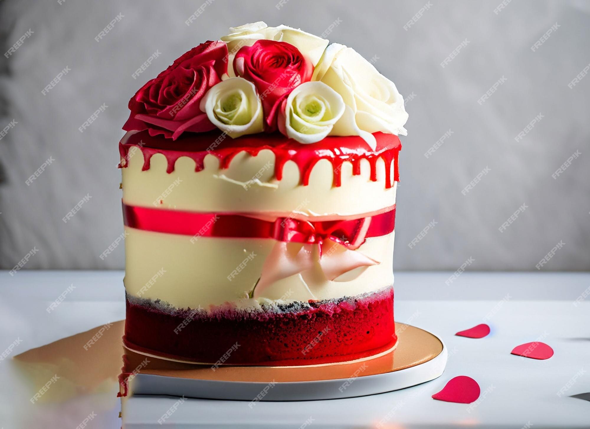 Bolo de aniversário de veludo vermelho lindo decorado com rosas