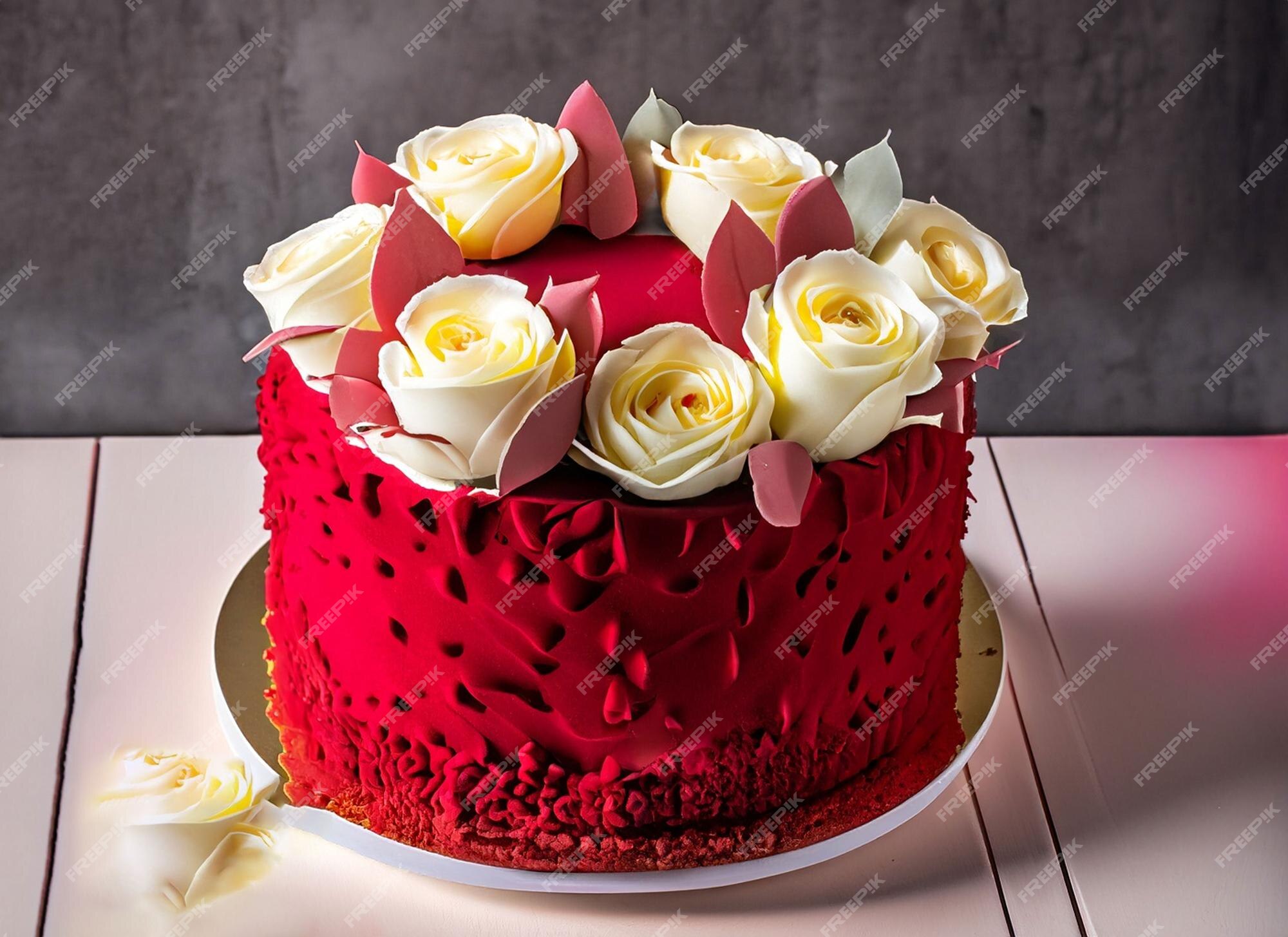 Bolo de aniversário de veludo vermelho lindo decorado com rosas