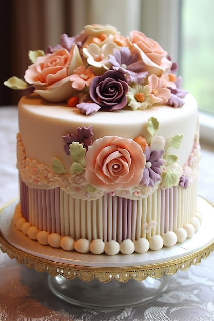Lindo bolo de casamento de designer com decorações florais Generative AI