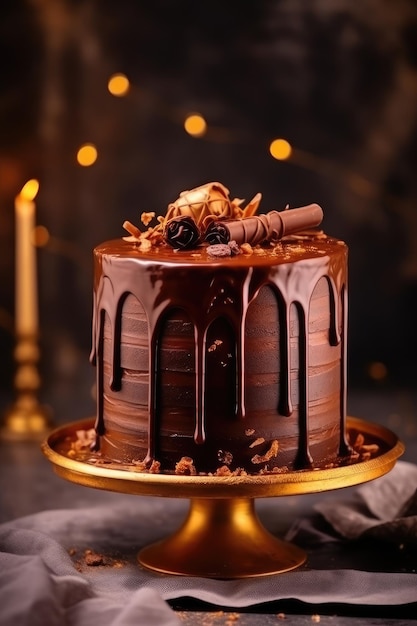 Lindo bolo de chocolate de designer com decorações douradas Generative AI