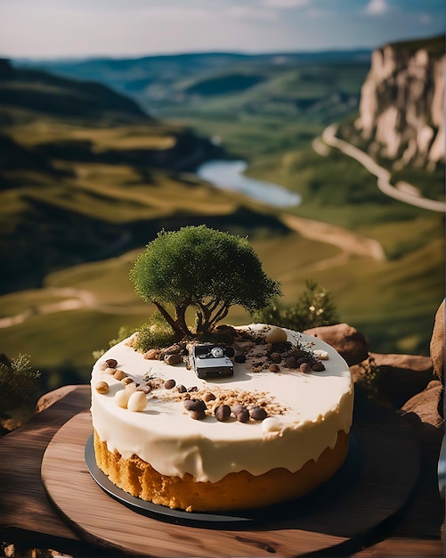 Lindo bolo localizado em uma paisagem natural e montanhas que parecem lindos bolos