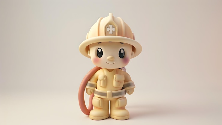 Foto lindo bombero de arcilla en 3d sosteniendo una manguera sobre un fondo blanco sencillo