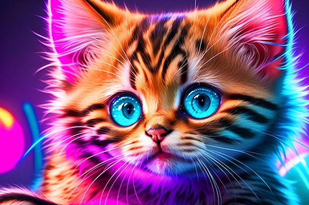 Lindo y bonito gatito gato primer plano en colores de arco iris de neón resaltados con varios colores