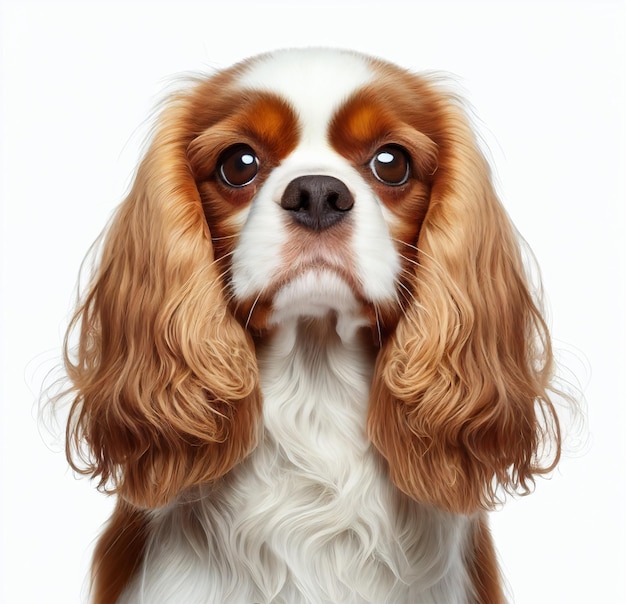 Lindo bonito rojo beige amarillo raza de perro cavalier king charles spaniel aislado en primer plano blanco,