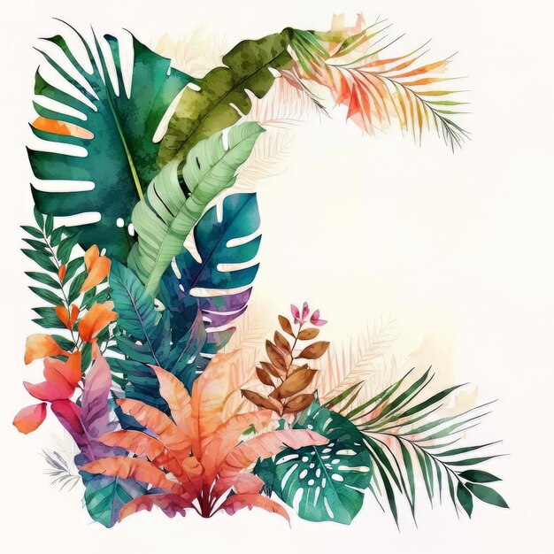 Lindo borde de acuarela de colores vivos con plantas tropicales Ilustración AI generativo