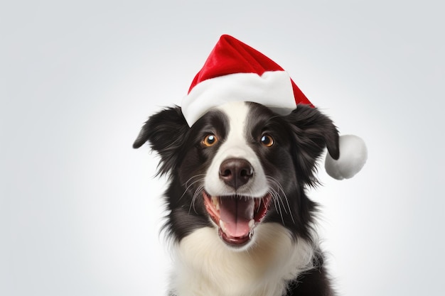 lindo Border Collie feliz usando chapéu de Papai Noel em fundo branco gerado por IA