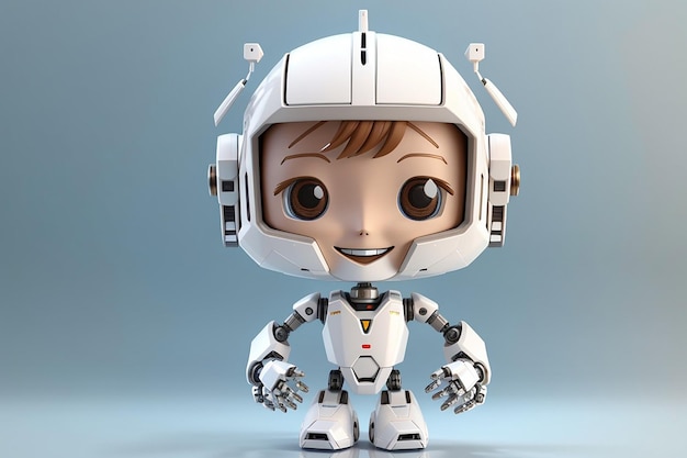 Lindo brinquedo robótico adolescente sorridente branco mini unidade robô gestando renderização 3D
