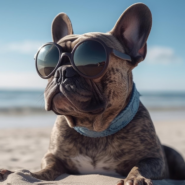 Lindo buldogue francês em óculos de sol em um fundo de praia de areia oceânica Generative AI
