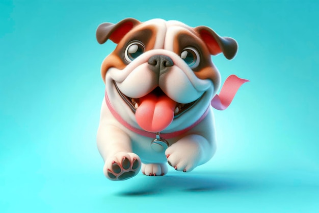 El lindo bulldog corre con la lengua colgando y los grandes ojos abultados aislados en un fondo sólido de colores brillantes