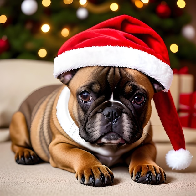 El lindo bulldog francés de cervo con un sombrero de Papá Noel AI generativa