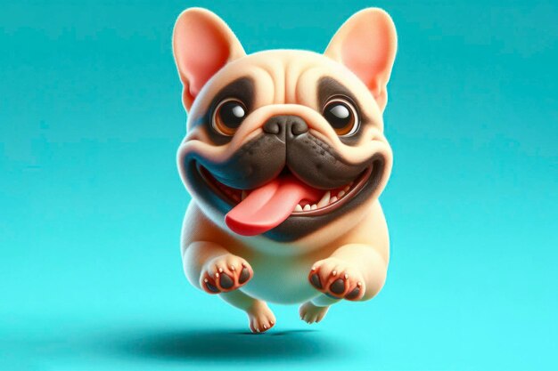 El lindo bulldog francés corre con la lengua colgando y los grandes ojos abultados aislados en un fondo de color