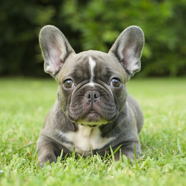 Un lindo bulldog francés corriendo en un campo de hierba verde durante el día