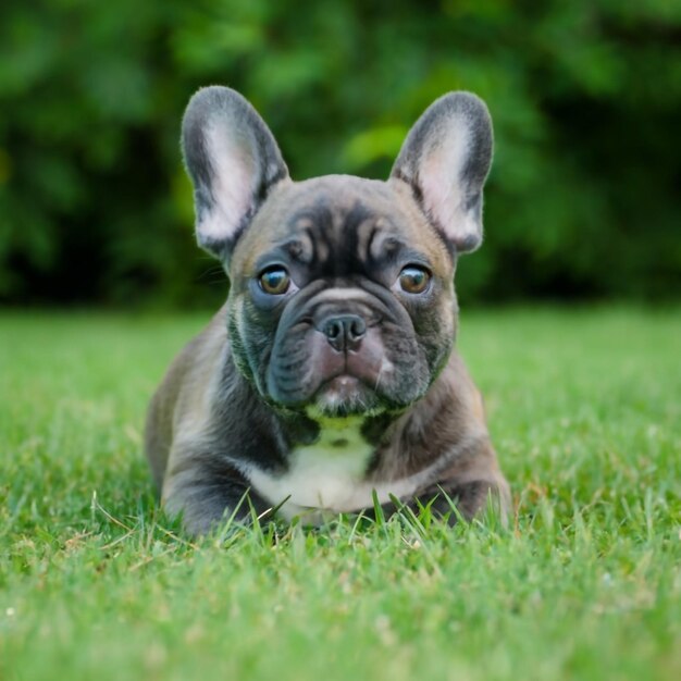 Un lindo bulldog francés corriendo en un campo de hierba verde durante el día