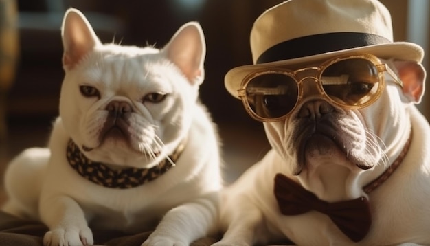 Lindo bulldog francés y pug con gafas de sol generados por IA