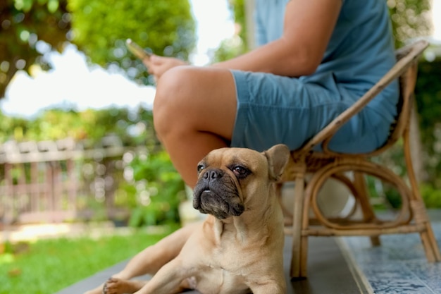 Lindo bulldog francés sentado junto a un hombre asiático en el jardín