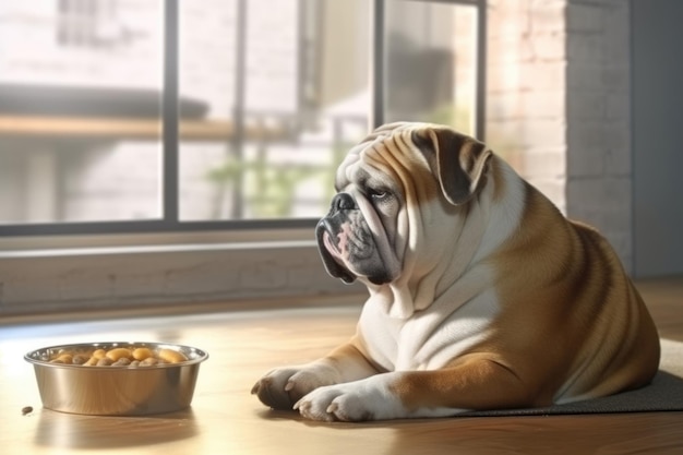 Un lindo bulldog sentado junto a un cuenco de comida cerca de una ventana soleada en una cocina acogedora.