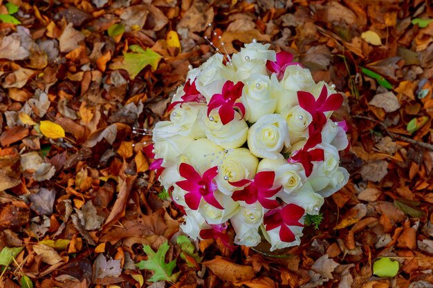 Lindo buquê de casamento buquê de noiva de rosas brancas em um fundo de folhas